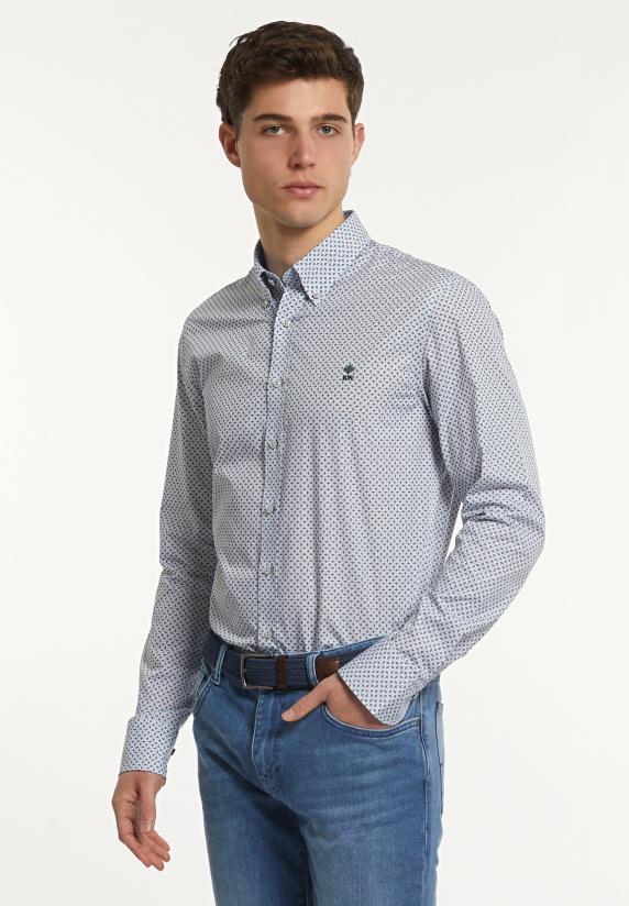 river woods Slim fit katoenen fantasiehemd blauw/wit