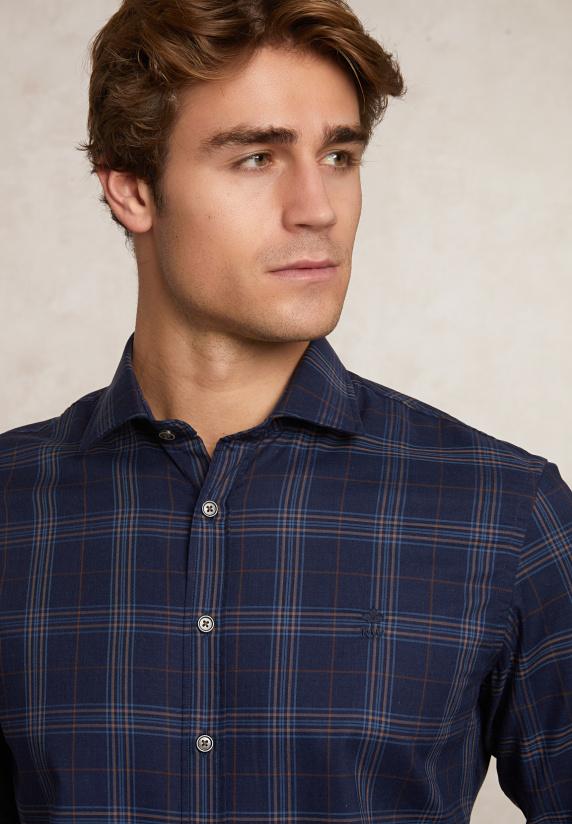 River Woods Slim Fit Katoenen Geruit Hemd Blauw/bruin