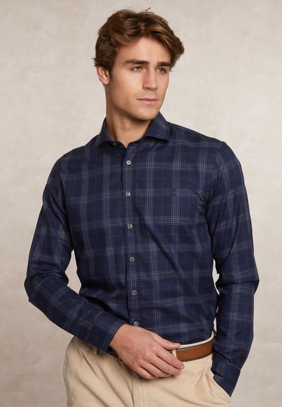 river woods Slim fit katoenen geruit hemd blauw/bruin