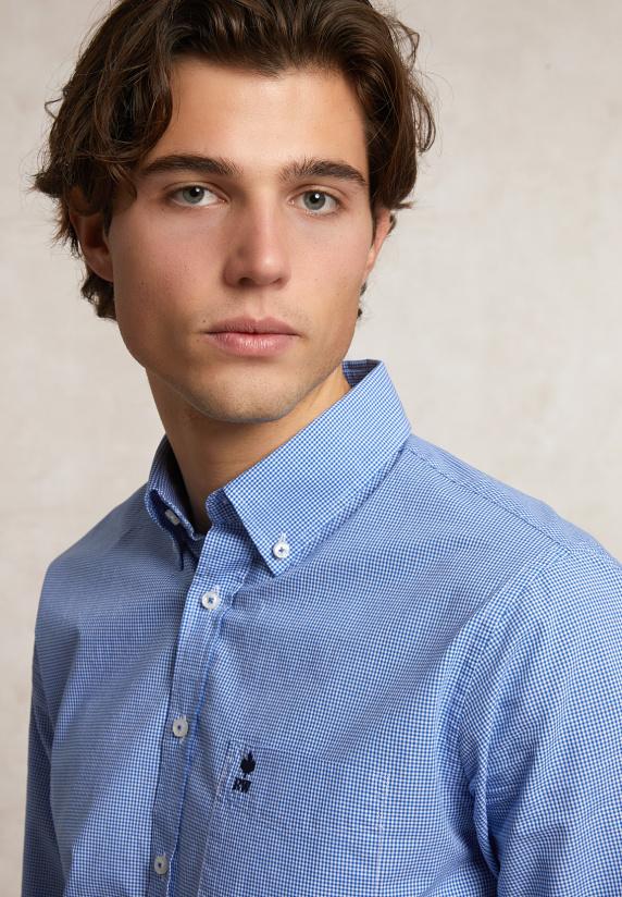 River Woods Slim Fit Katoenen Geruit Hemd Borstzak Blauw/wit