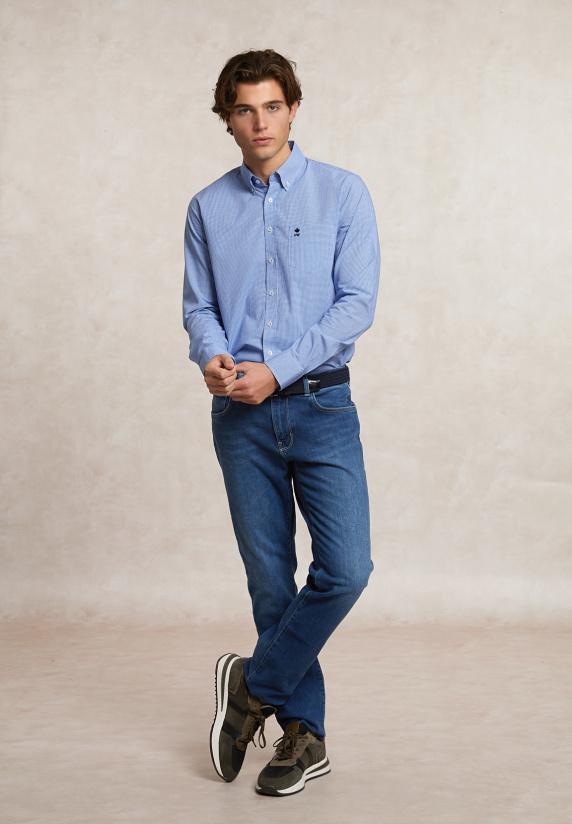 River Woods Slim Fit Katoenen Geruit Hemd Borstzak Blauw/wit