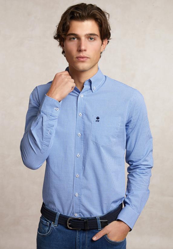 river woods Slim fit katoenen geruit hemd borstzak blauw/wit