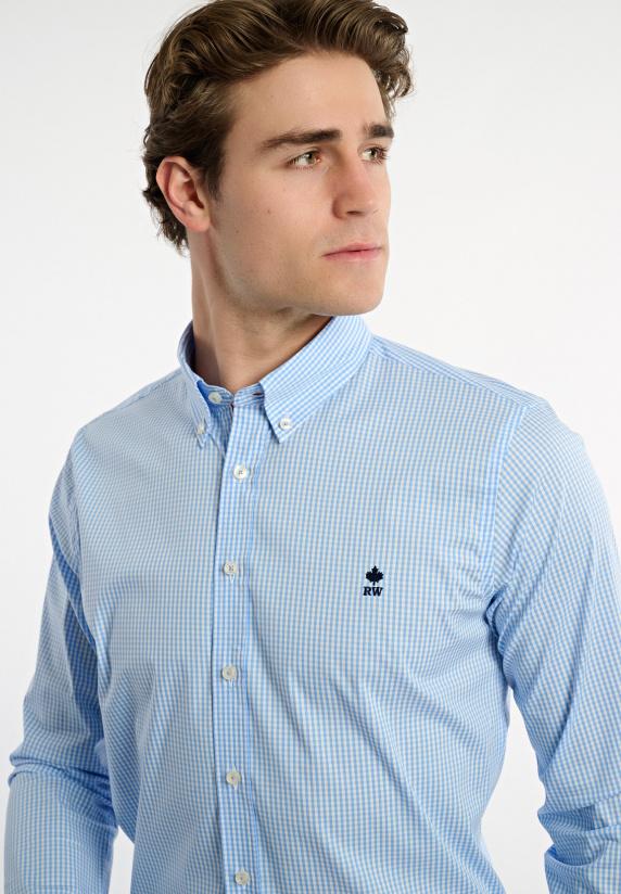 River Woods Slim Fit Katoenen Geruit Performance Stretch Hemd Blauw/wit