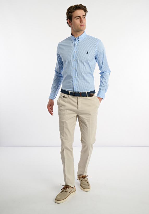 River Woods Slim Fit Katoenen Geruit Performance Stretch Hemd Blauw/wit