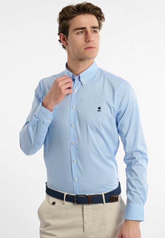 river woods Slim fit katoenen geruit performance stretch hemd blauw/wit