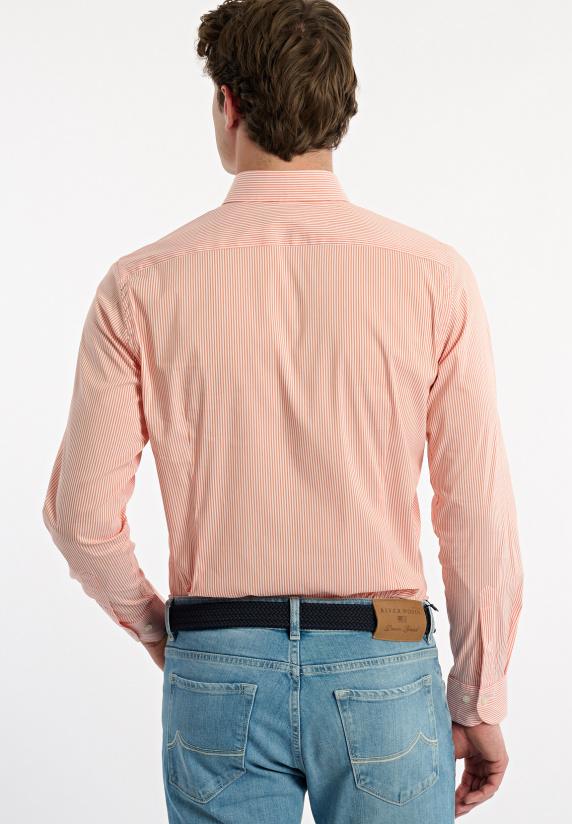 River Woods Slim Fit Katoenen Gestreept Comfort Stretch Hemd Oranje/wit