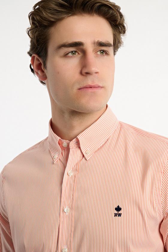 River Woods Slim Fit Katoenen Gestreept Comfort Stretch Hemd Oranje/wit