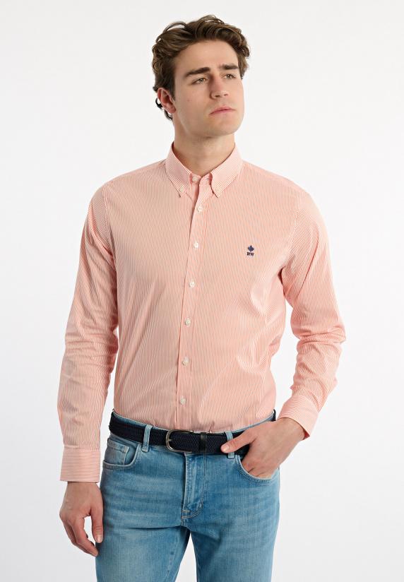 river woods Slim fit katoenen gestreept comfort stretch hemd oranje/wit