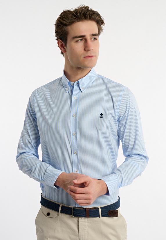 River Woods Slim Fit Katoenen Gestreept Performance Stretch Hemd Blauw/wit