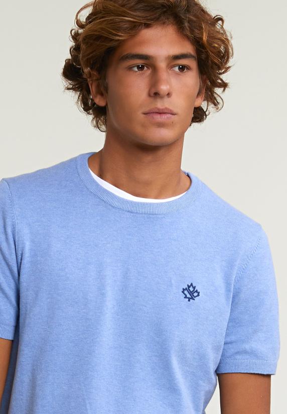 River Woods Slim Fit Katoenen Trui Ronde Hals Korte Mouwen Chambray Mix