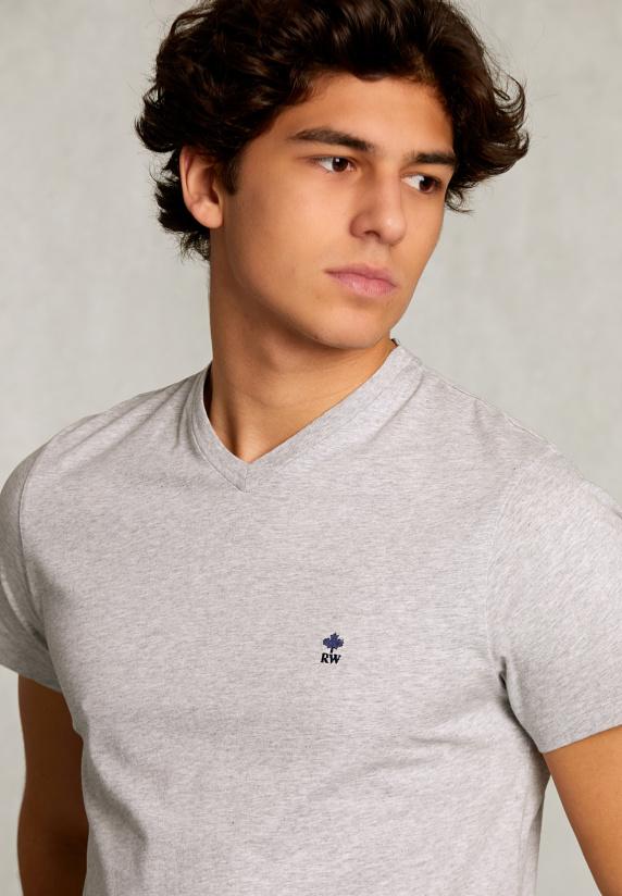 River Woods Slim Fit Pima Katoen V-hals T-shirt Dk Oyster Mix