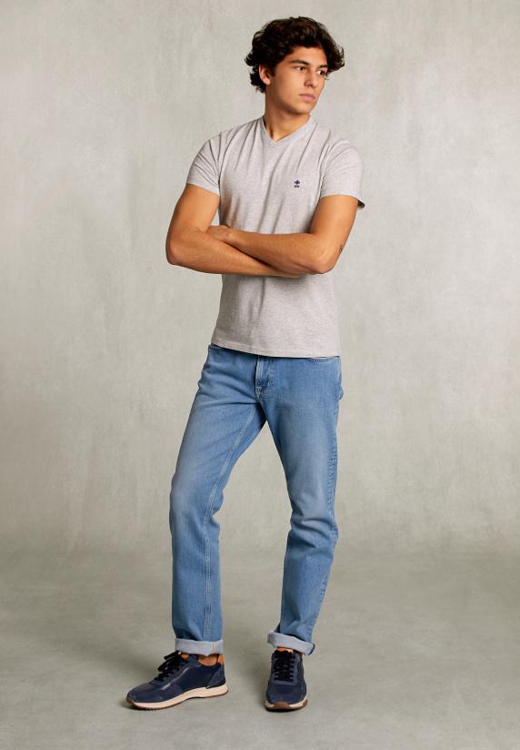 River Woods Slim Fit Pima Katoen V-hals T-shirt Dk Oyster Mix