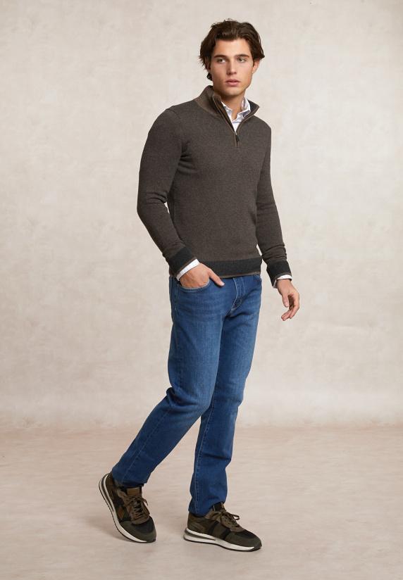 River Woods Slim Fit Wol-kasjmier Trui Opstaande Kraag Hazel Mix