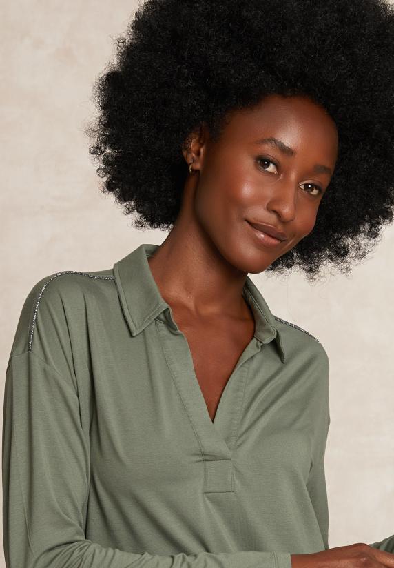 River Woods Viscose V-hals Blouse Glitter Detail Kaki