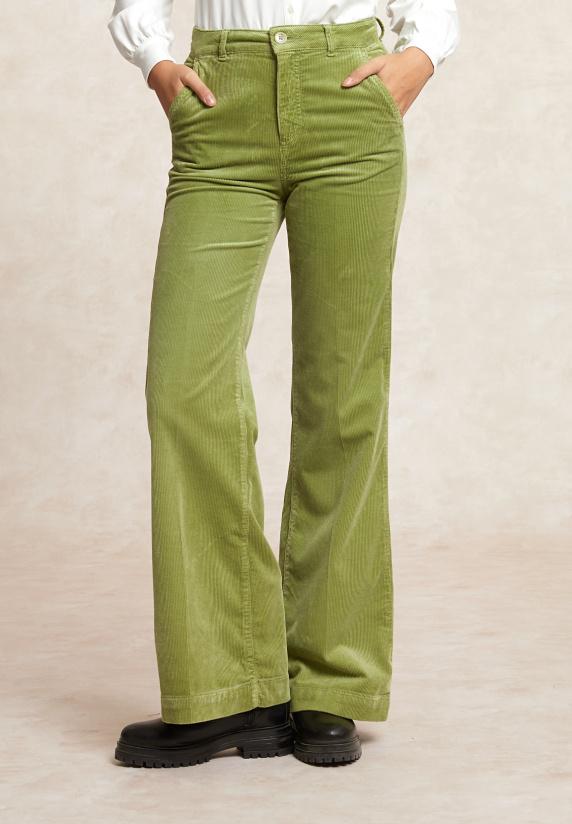 River Woods Wijde Ribfluwelen Broek Hoge Taille Olijfgroen