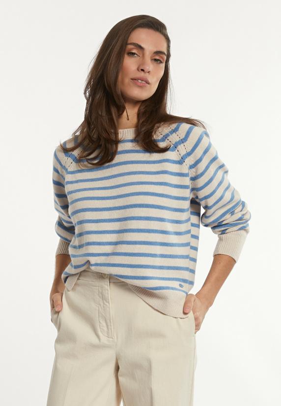 river woods Wol-kasjmier gestreepte trui ronde hals cream/blauw