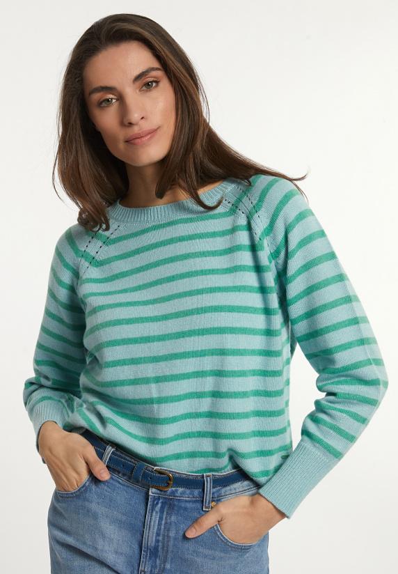river woods Wol-kasjmier gestreepte trui ronde hals groen/blauw