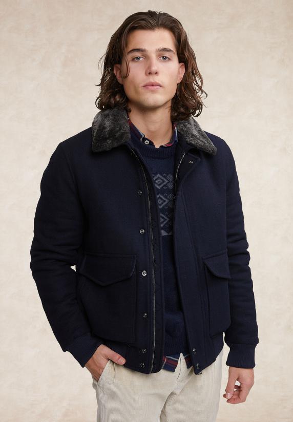 river woods Wollen mantel 2 opgestikte zakken blauw