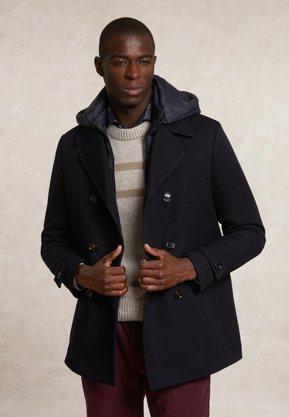 River Woods Wollen Mantel Dubbele Knopenrij Met Kap Blauw