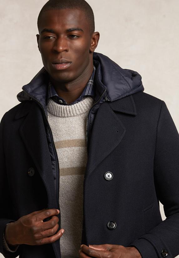 River Woods Wollen Mantel Dubbele Knopenrij Met Kap Blauw