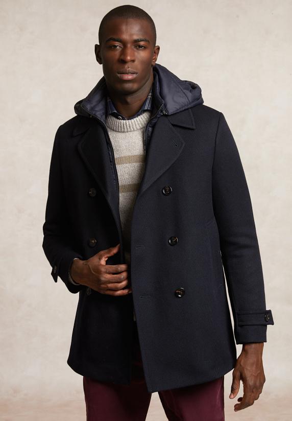 River Woods Wollen Mantel Dubbele Knopenrij Met Kap Blauw