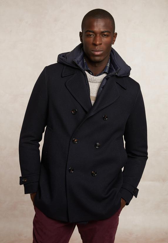 river woods Wollen mantel dubbele knopenrij met kap blauw