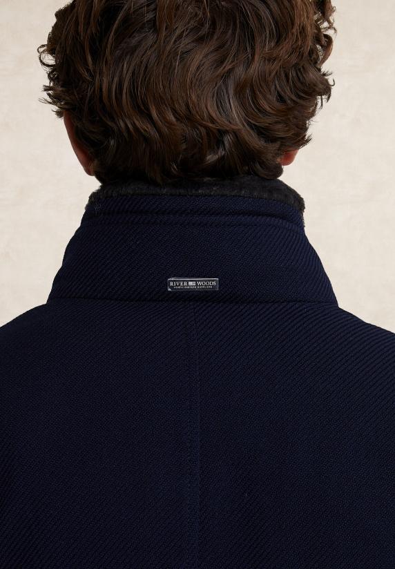 River Woods Wollen Mantel Uitneembare Bontkraag Blauw