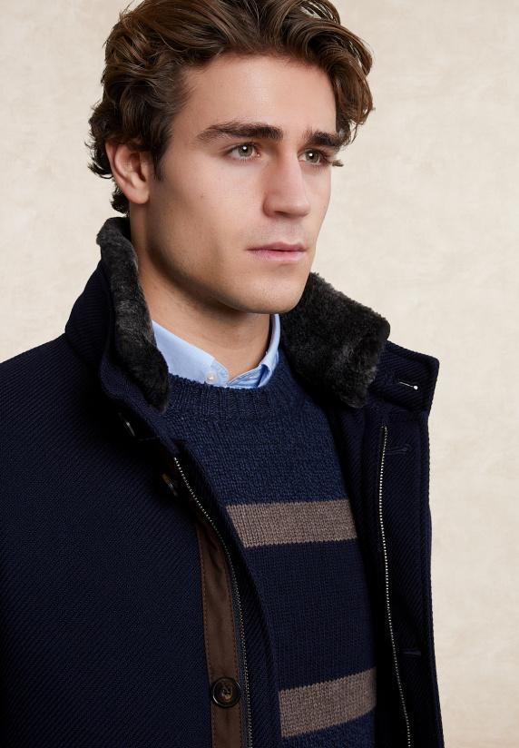 River Woods Wollen Mantel Uitneembare Bontkraag Blauw