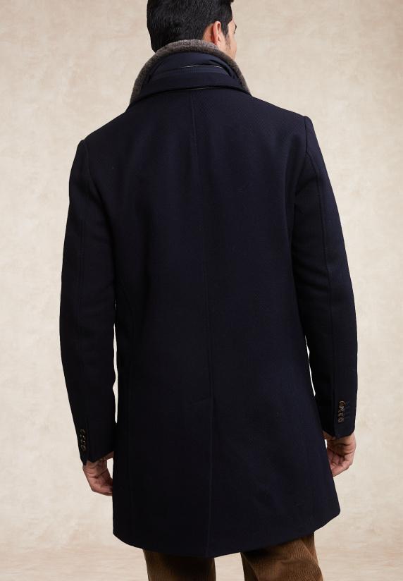 River Woods Wollen Mantel Uitneembare Bontkraag Blauw