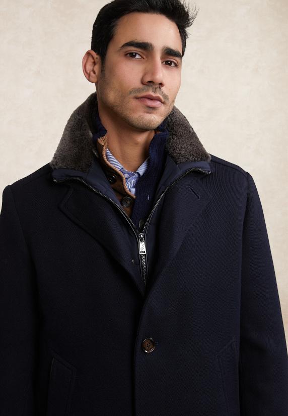 River Woods Wollen Mantel Uitneembare Bontkraag Blauw