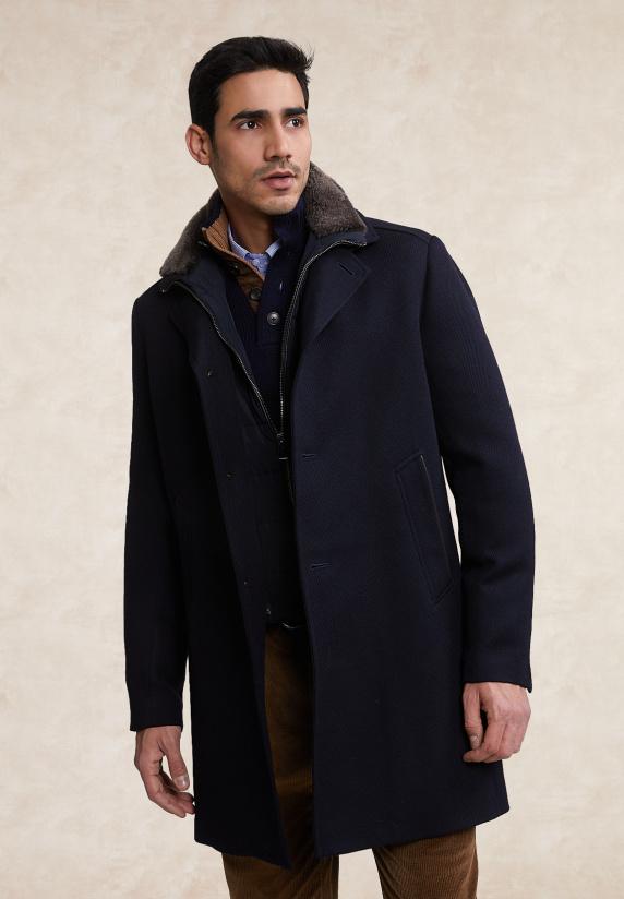 river woods Wollen mantel uitneembare bontkraag blauw