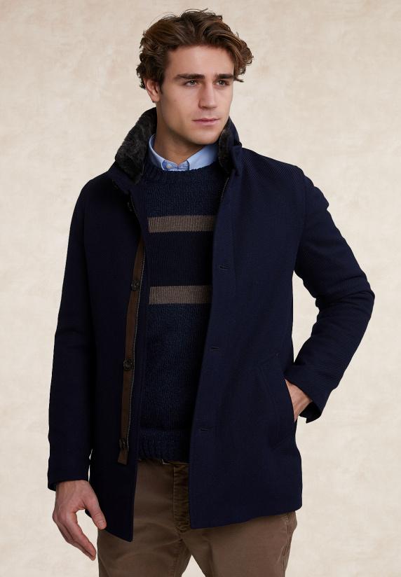 river woods Wollen mantel uitneembare bontkraag blauw