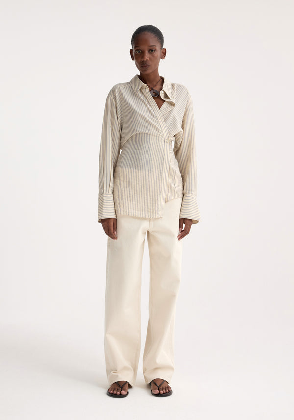 róhe asymmetric waisted striped shirt | cream / navy stripe