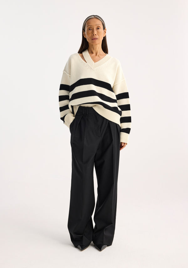 róhe deconstructed cashmere knitted breton v-neck | off white / black wide stripe