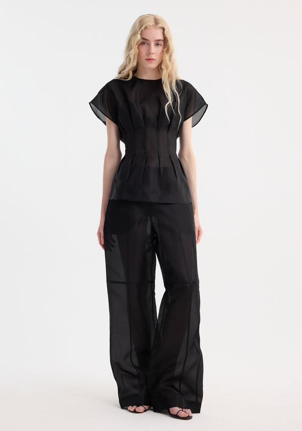 róhe pleated waistline organza silk top | black