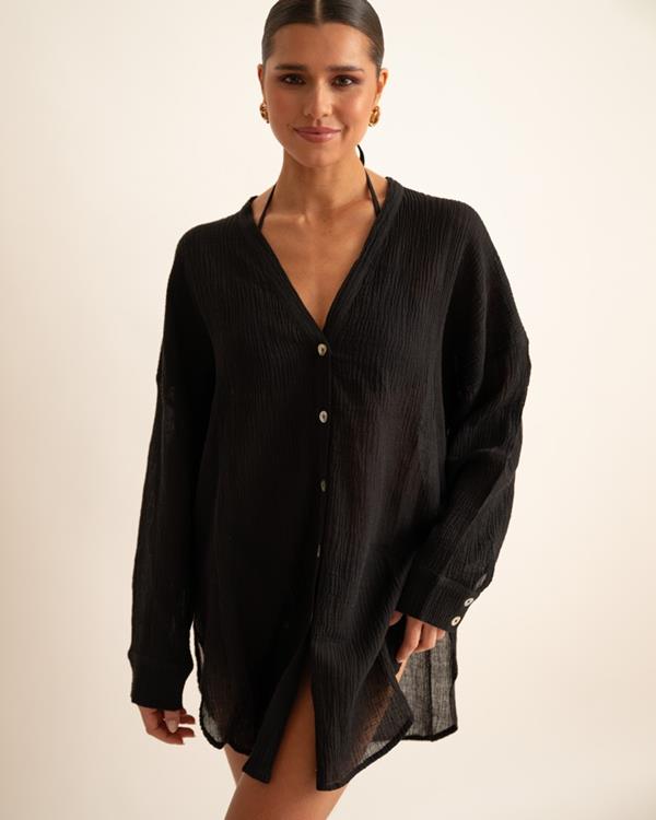 sam friday Beach Shirt Crinkle Black