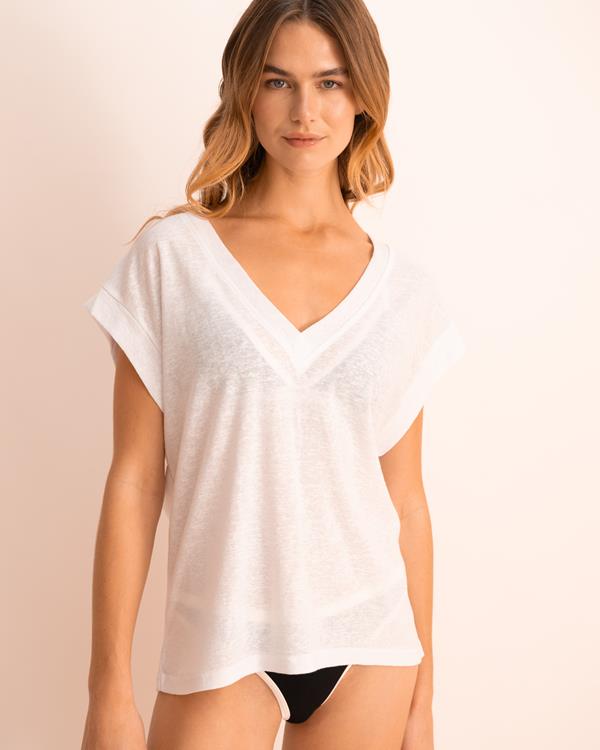 sam friday V-neck Linen Shirt Crisp White