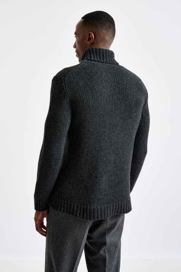 Scabal Anthracite Melange Chunky Wool & Cashmere Blend Banbury Rollneck Sweater