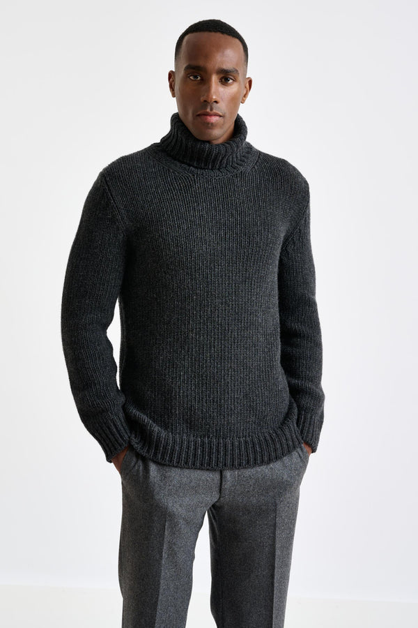 scabal Anthracite Melange Chunky Wool & Cashmere Blend Banbury Rollneck Sweater