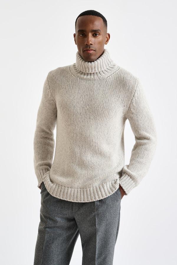 scabal Beige Melange Chunky Wool & Cashmere Mouline Banbury Rollneck Sweater