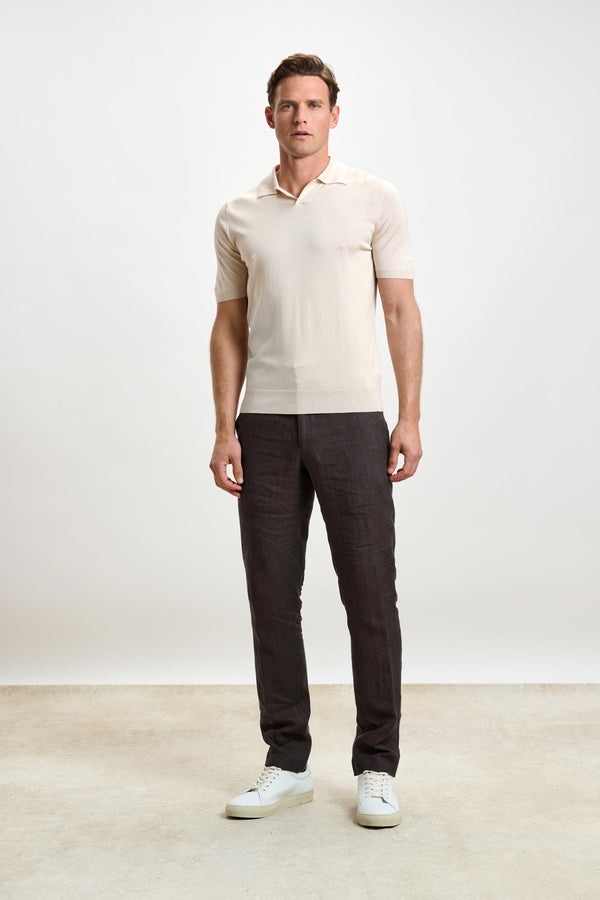 Scabal Beige Silk Knitted Short Sleeve Open Collar Cawdor Polo Shirt