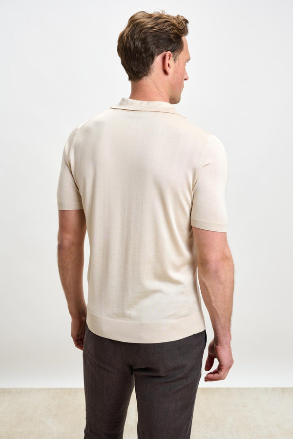 Scabal Beige Silk Knitted Short Sleeve Open Collar Cawdor Polo Shirt