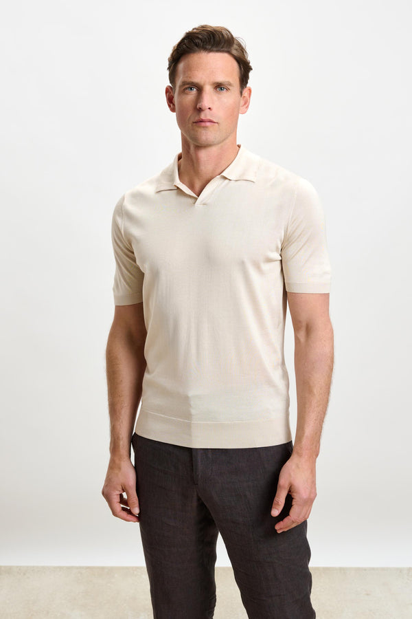 scabal Beige Silk Knitted Short Sleeve Open Collar Cawdor Polo Shirt