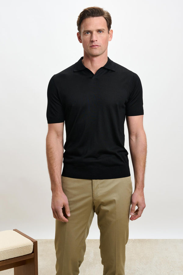 scabal Black Silk Knitted Short Sleeve Open Collar Cawdor Polo Shirt