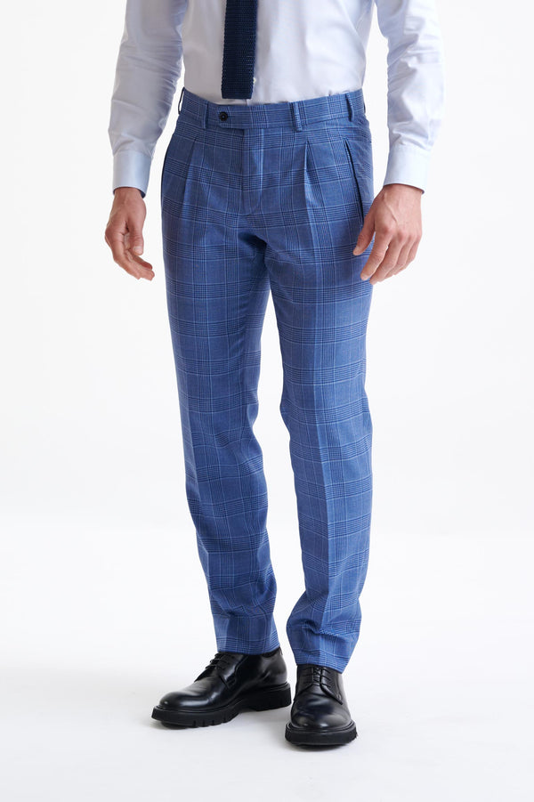 scabal Blue Check Super 130's Wool Farley Trousers Mosaic