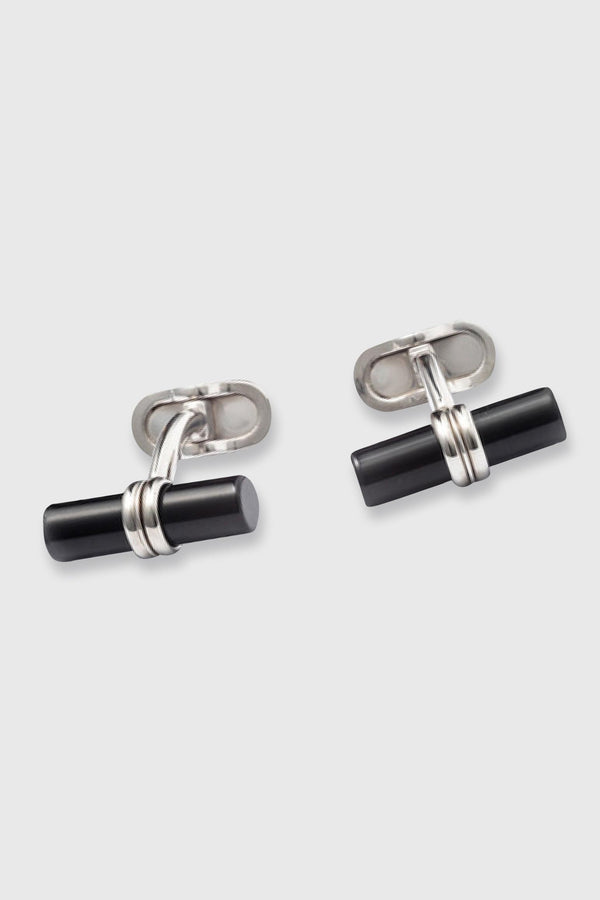 scabal Brass Cylinder Cufflinks with Real Semi-Precious Black Onyx Stones