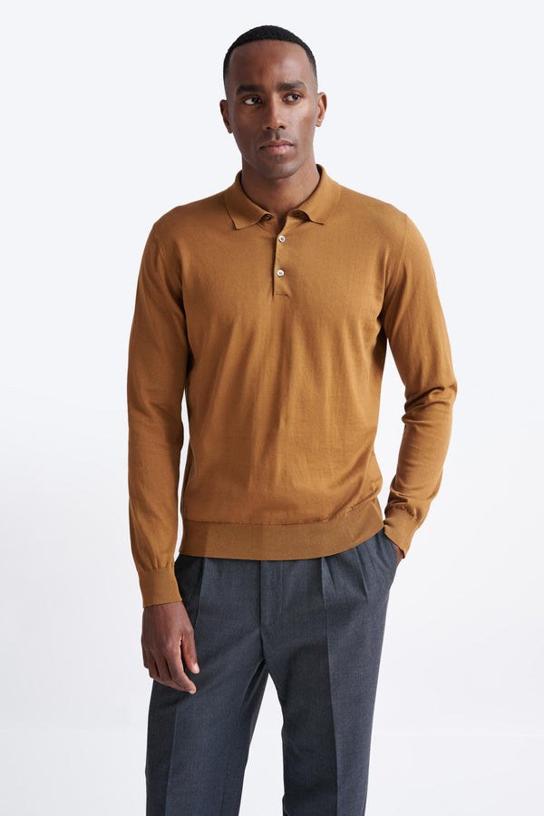 scabal Brown Cotton Harwich Long Sleeve Knitted Polo