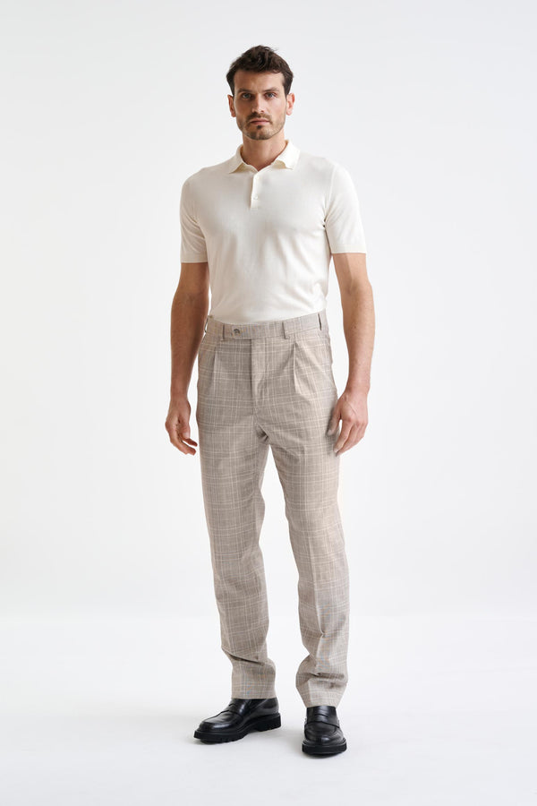 scabal Brown Cream Check Wool & Cotton Farley Trousers Lifestyle