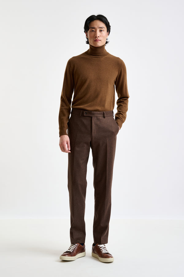 Scabal Brown Super 100's Wool Farley Trousers Flannel Saxony