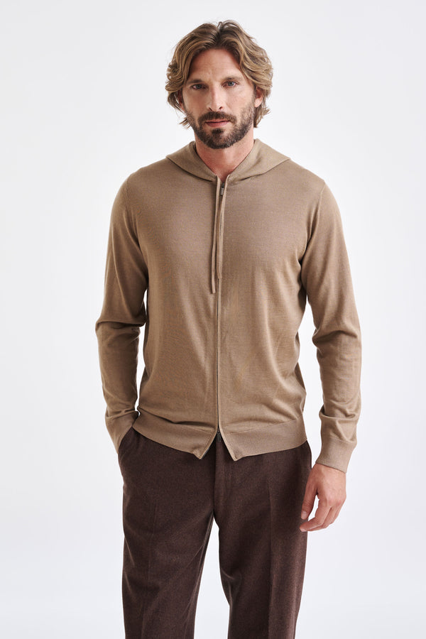 scabal Camel Cashmere Merino Silk Blend Goole Zipped Hoodie Knit